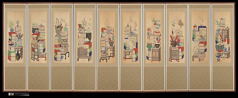 Painted screen of books and scholars' possessions on stacked shelves