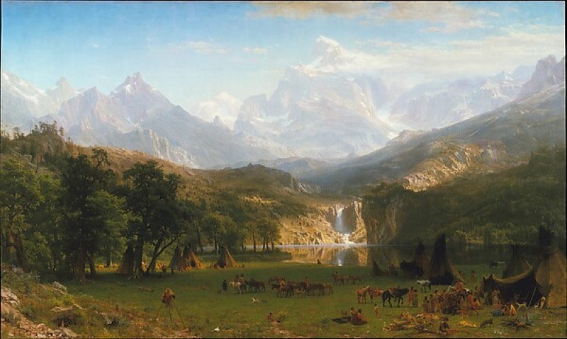 Luminous painting of a mountain range above a valley camp